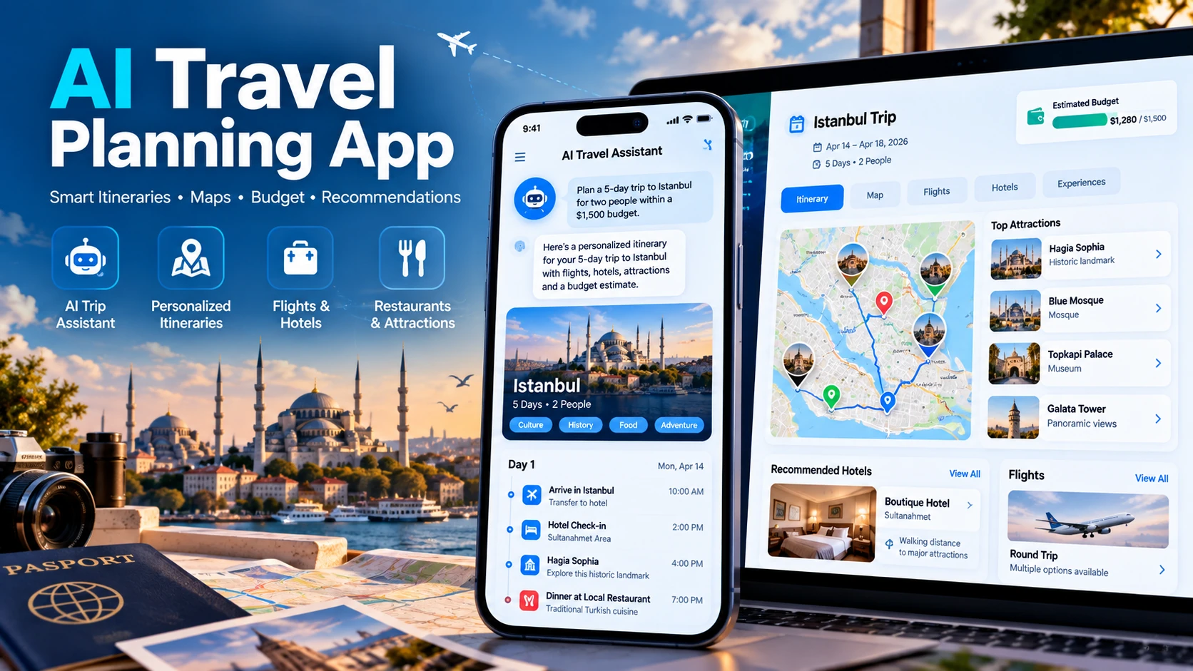 KI-Reiseplaner App-Interface mit automatischer Routenerstellung, Flugsuche und interaktiven Karten