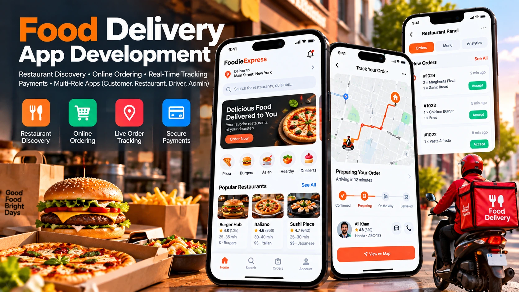 Essenslieferungs-App-Ökosystem mit Kundenbestellungen, Restaurantportal und GPS-Fahrertracking