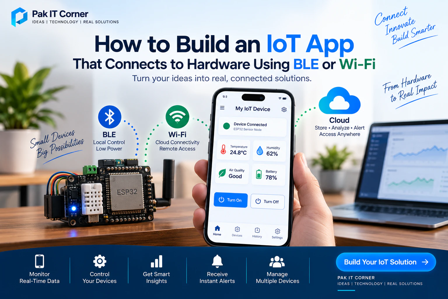 IoT app development connecting ESP32 hardware to a mobile app using BLE and Wi-Fi