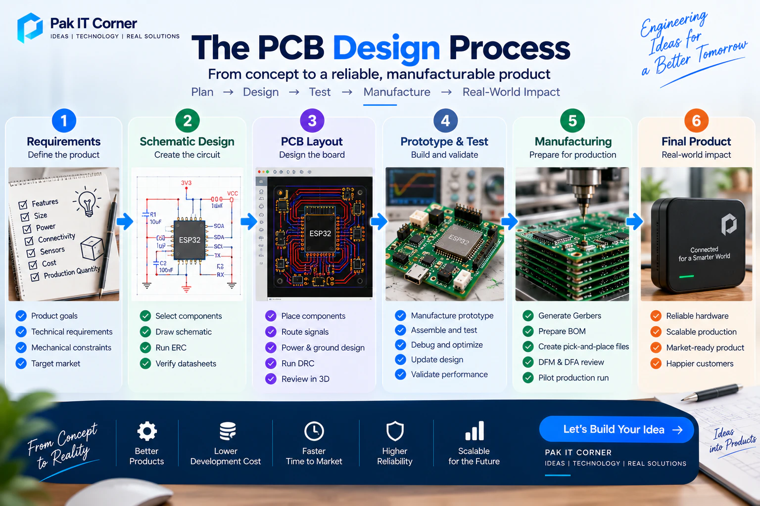 Structured PCB engineering design process from requirements and schematic capture to layout and testing