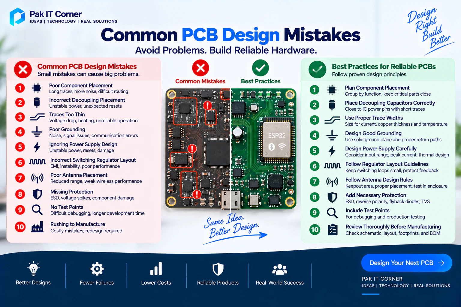 Common PCB layout mistakes involving placement grounding traces and decoupling