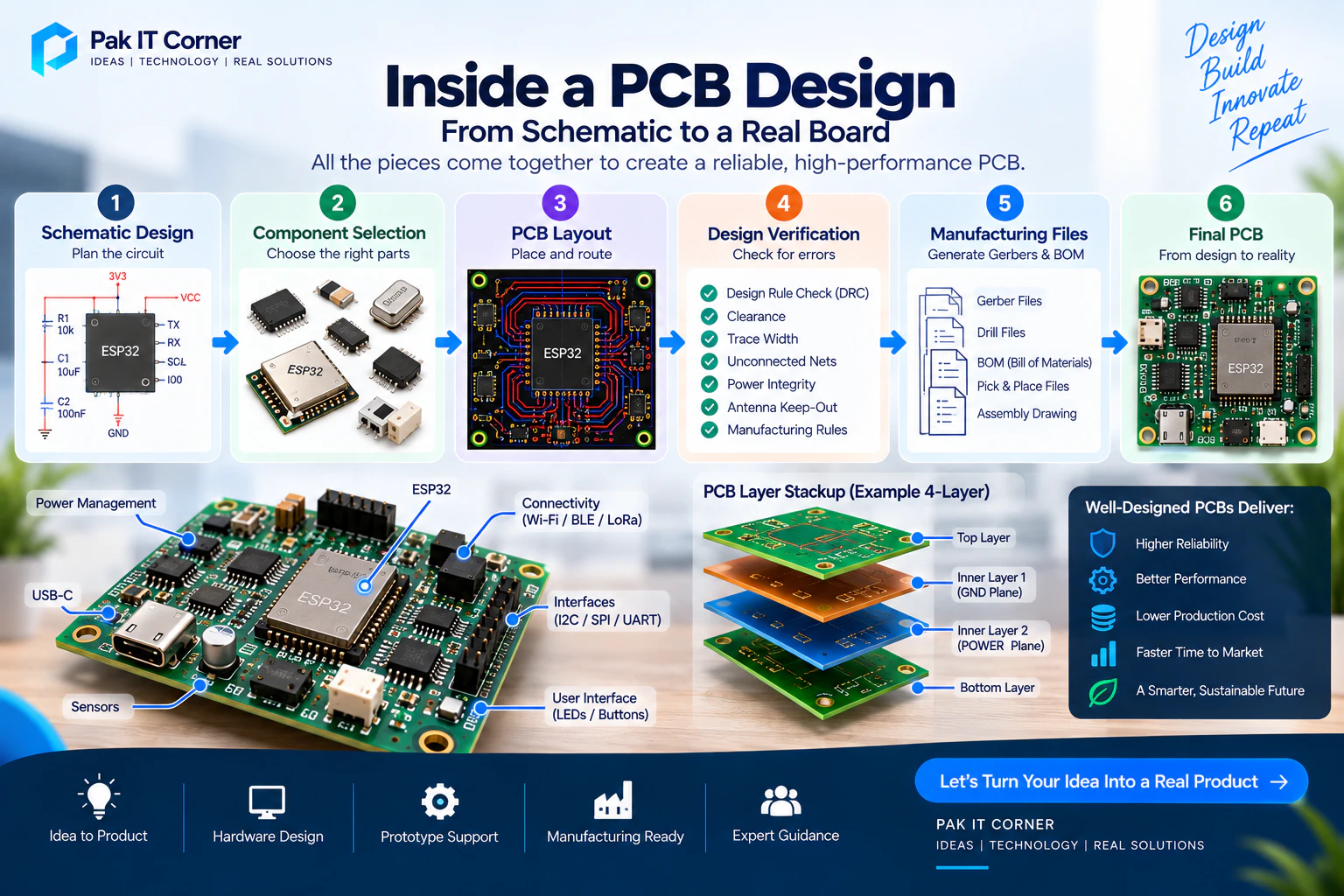 PCB layout design verification 4-layer stackup and manufacturing deliverables