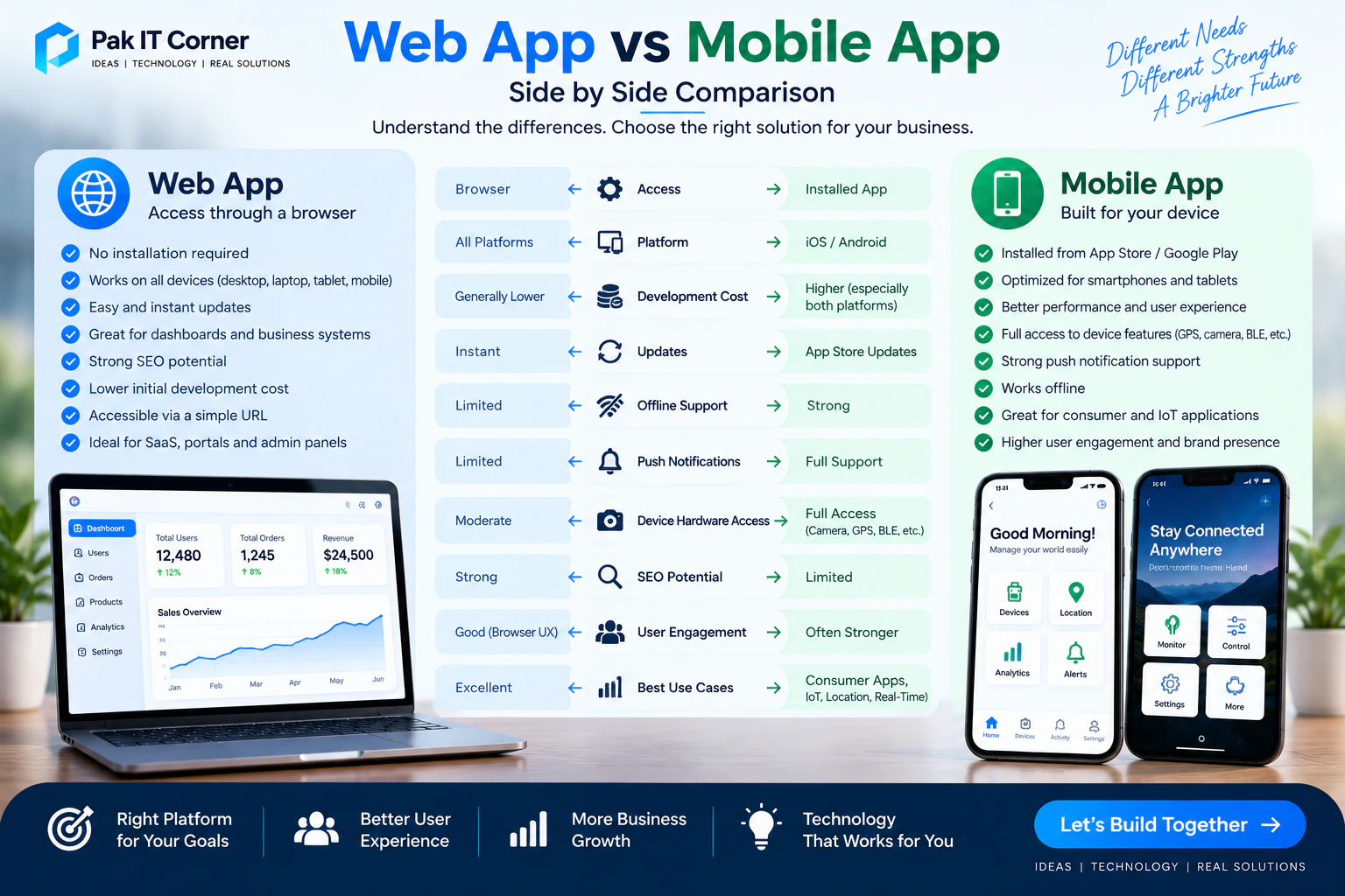 Side by side comparison between web apps and mobile apps across features and performance