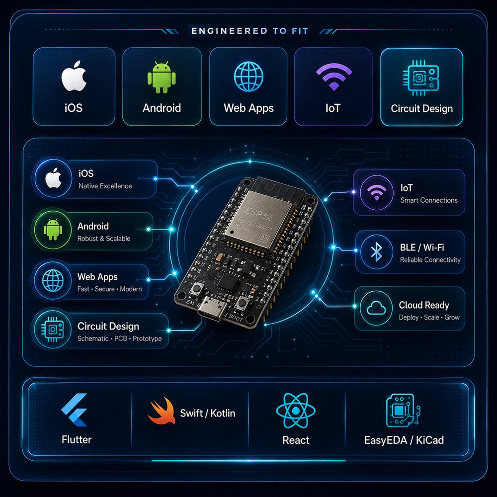 Pak IT Corner platform overview: iOS, Android, Web Apps, IoT and Circuit Design, centered on an ESP32 board