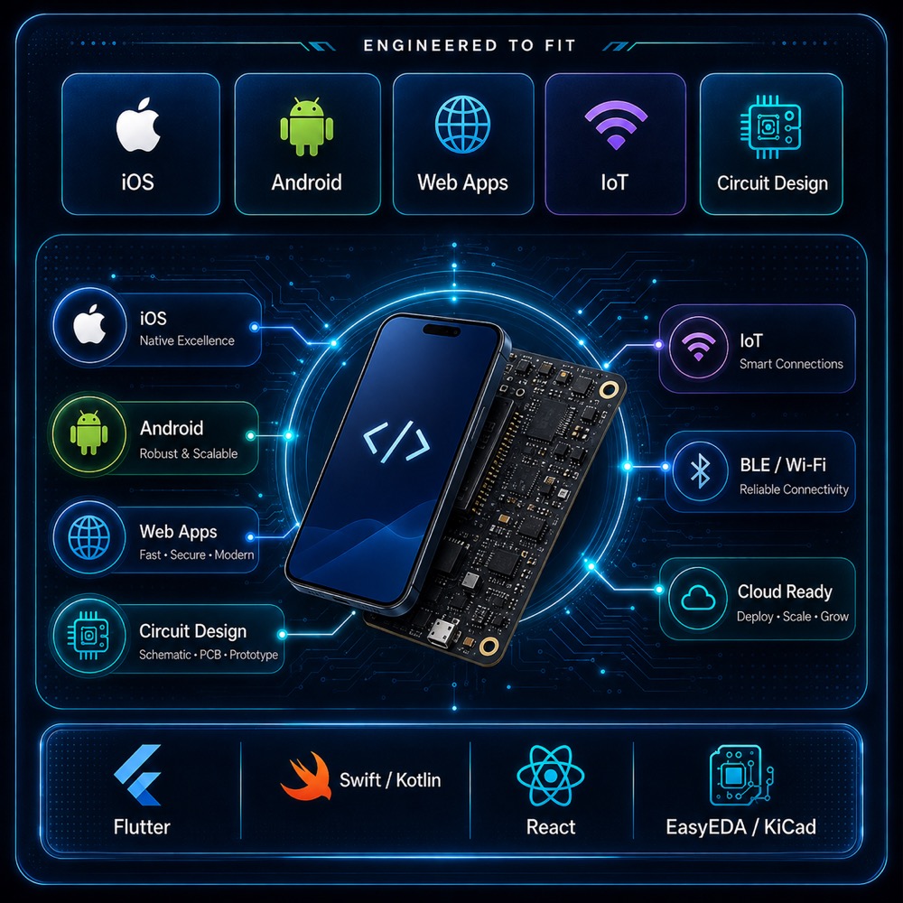 Pak IT Corner platform overview: iOS, Android, Web Apps, IoT and Circuit Design built with Flutter, Swift/Kotlin, React and EasyEDA/KiCad, centered on a smartphone paired with a custom PCB