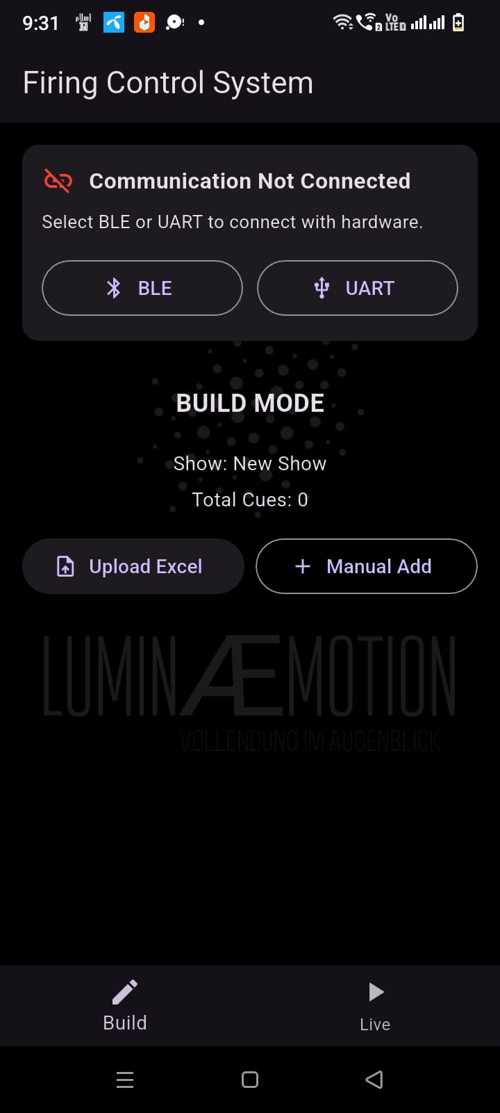 CueFire Build Mode screen with BLE/UART connection options, show name and total cues