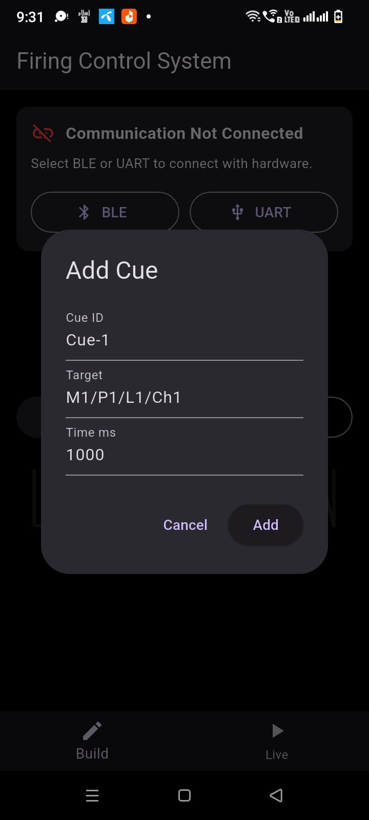 CueFire cue editor screen with module/panel/line/channel targeting