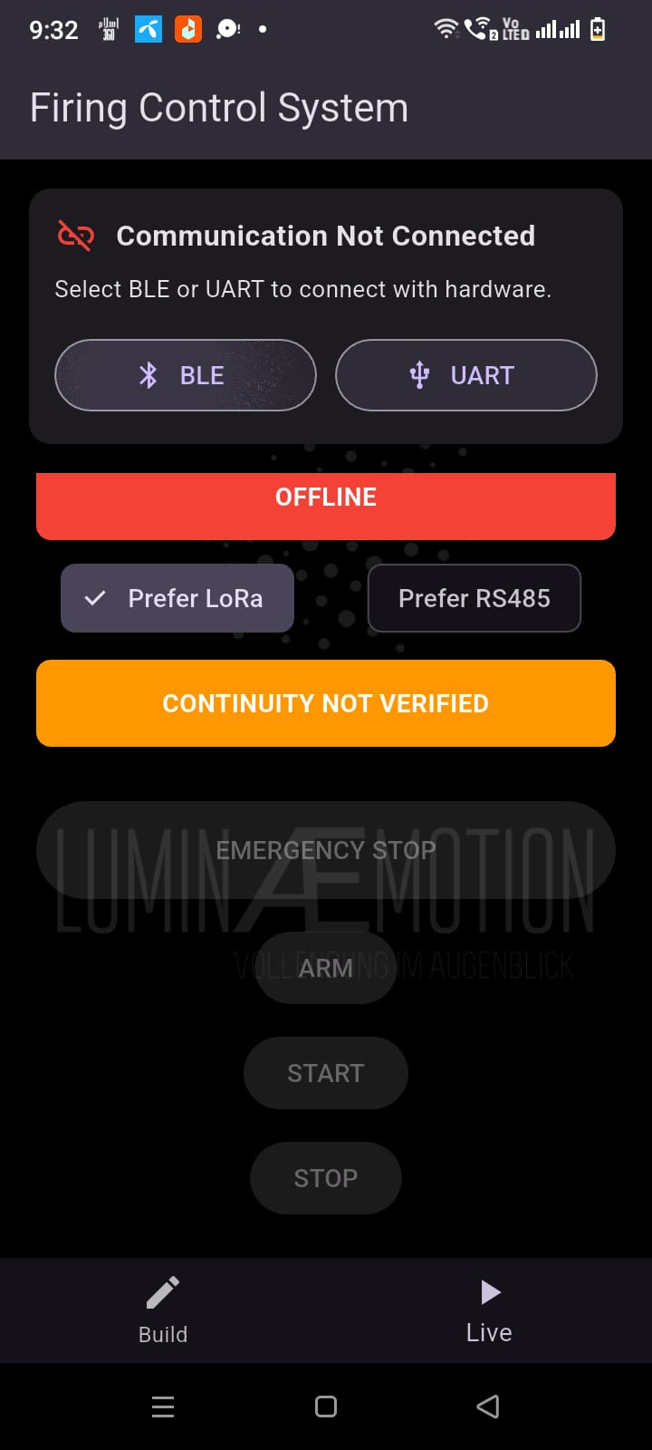 CueFire Live Mode screen with Emergency Stop, Arm, Start and Stop controls, and LoRa/RS485 hardware link options