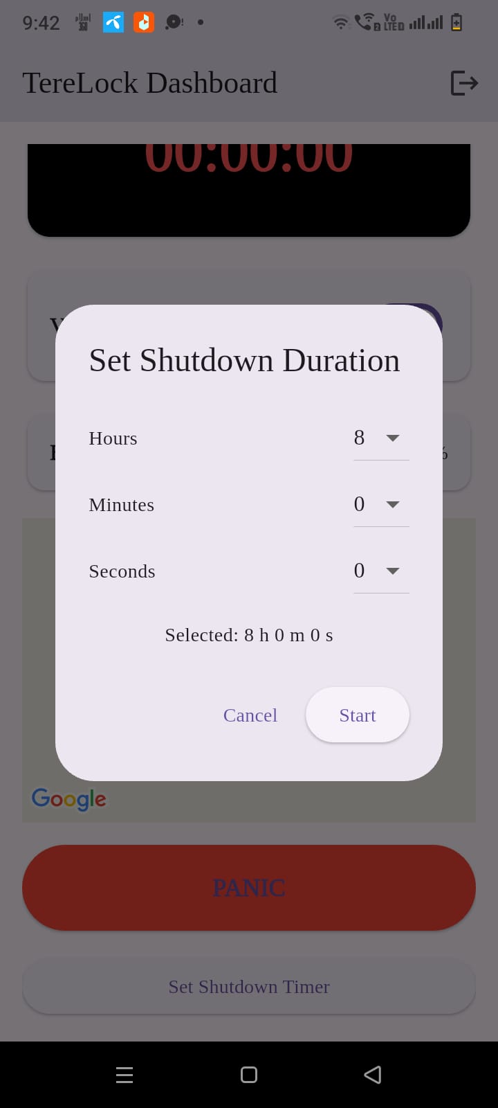 ImmobiGuard Set Shutdown Duration dialog with hours, minutes and seconds pickers