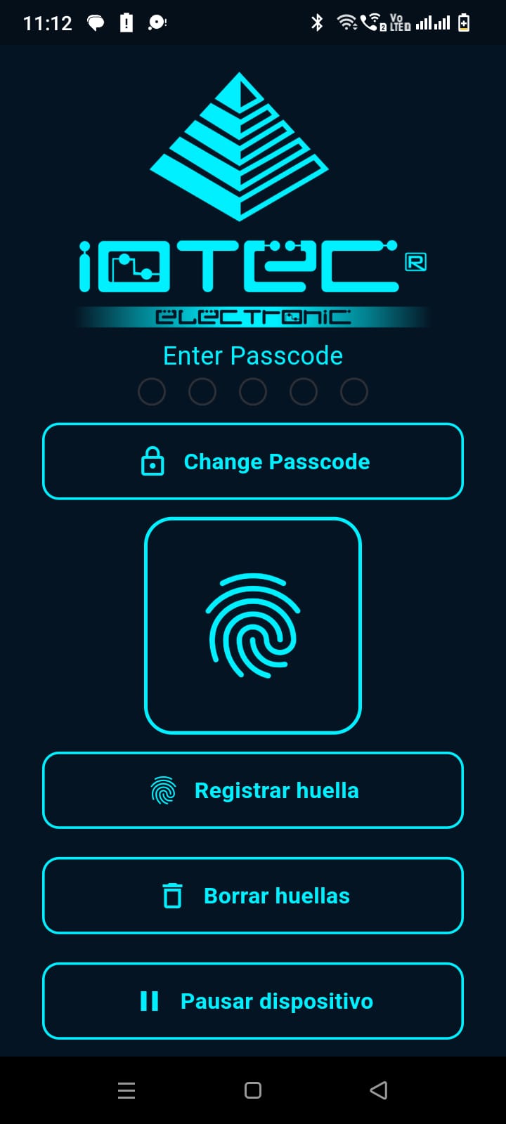 VeriGuard main dashboard with passcode entry, fingerprint and device controls