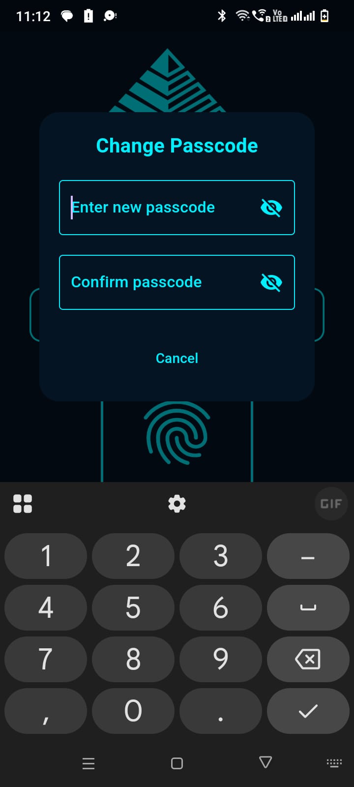 VeriGuard vehicle security app passcode entry screen